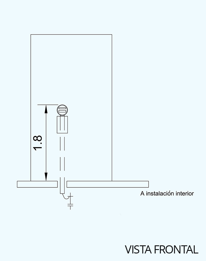 Gráfico que muestra una acometida subterránea bifásica por muro desde una vista frontal